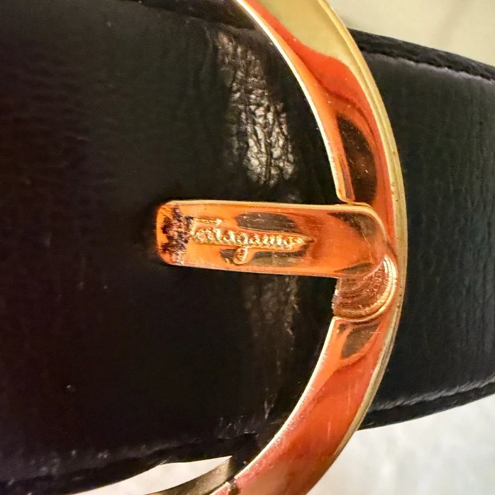 Salvatore Ferragamo Black Leather Belt with Gold Gancini Buckle